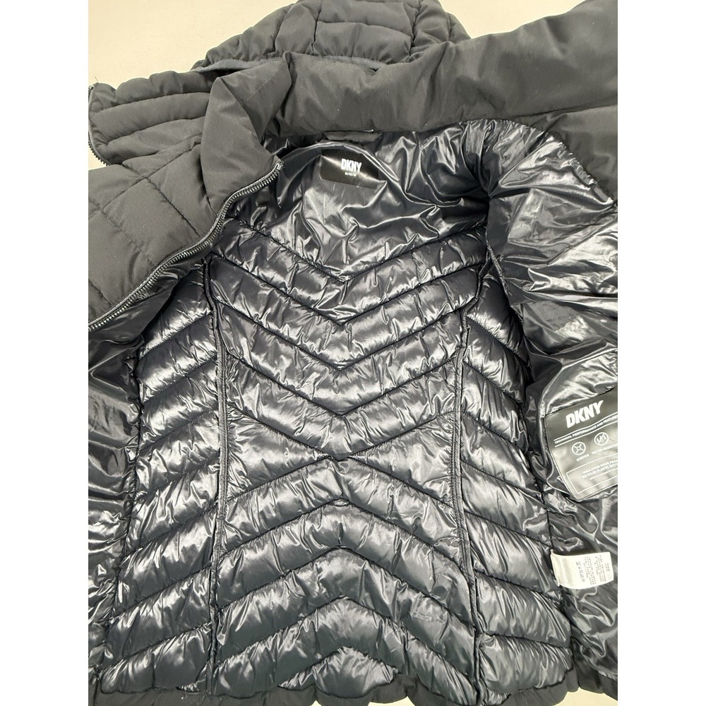 DKNY Jacket Women's Medium Black Hooded Full Double Zip Bib Front Water Resist - Picture 11 of 16